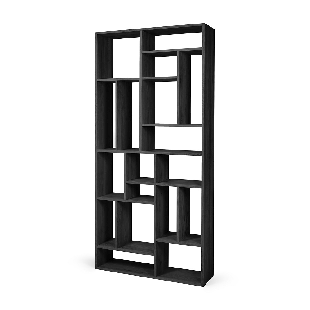 Schwarzes Ethnicraft Regal aus Eiche mit asymmetrischen Fächern für Wohnzimmer oder Büro.