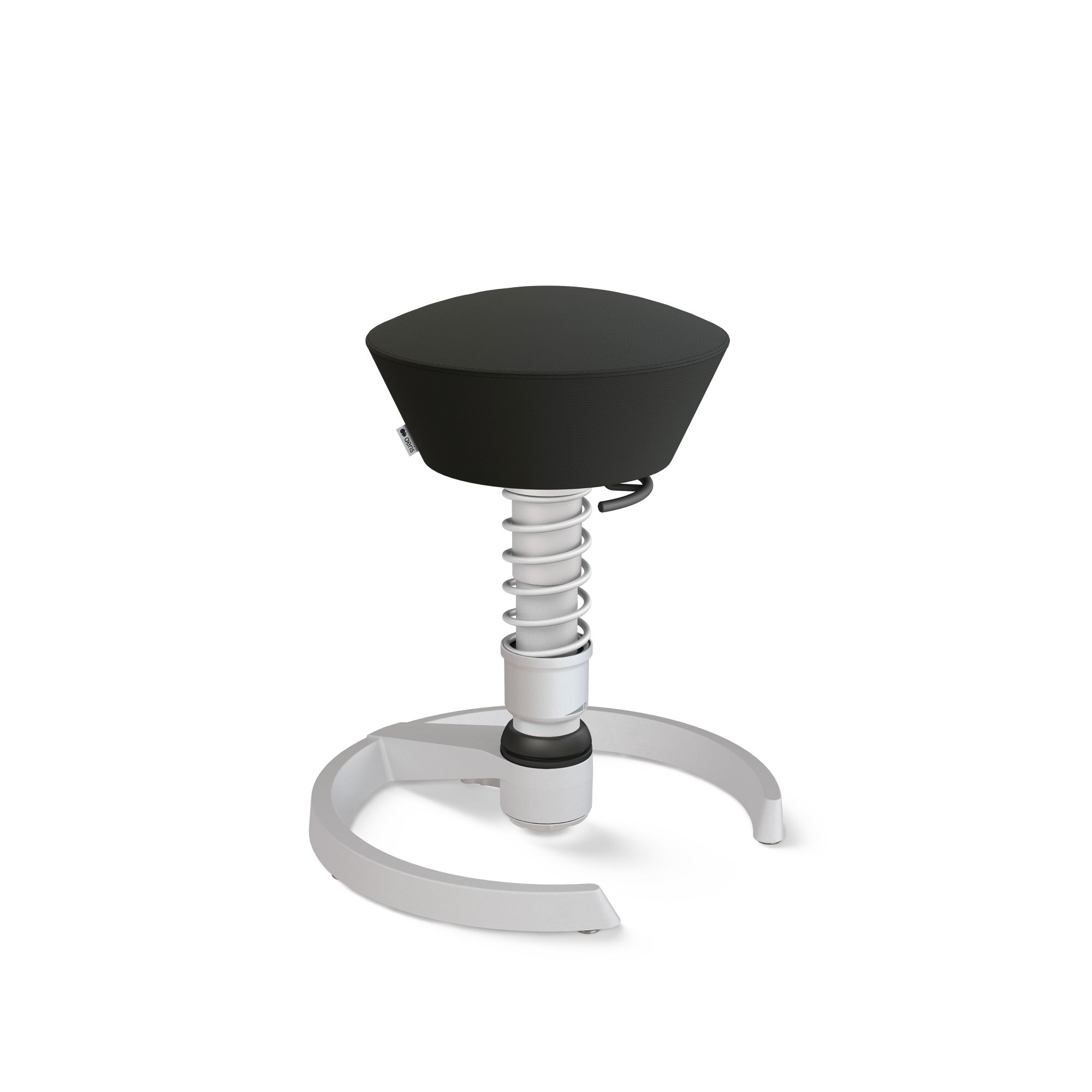 Aeris Swopper Air Aktiv-Hocker in Schwarz mit Federbein und weißem Fußkreuz, ergonomisch und modern.