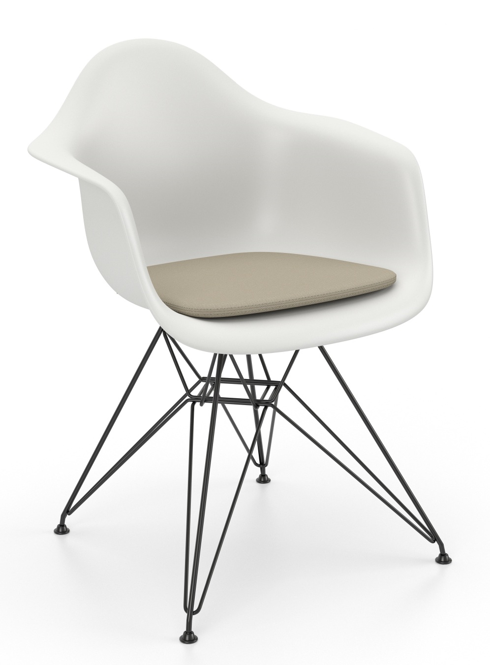 Weißer Vitra Eames Plastic Armchair mit schwarzem Untergestell und beiger Sitzauflage Typ A.