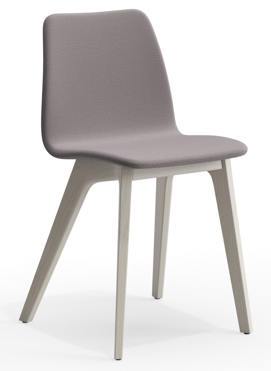 Morph Holzstuhl Vollgepolstert Zeitraum mit grauem Stoffbezug und hellem Holzgestell, modernes Design für Esszimmer.