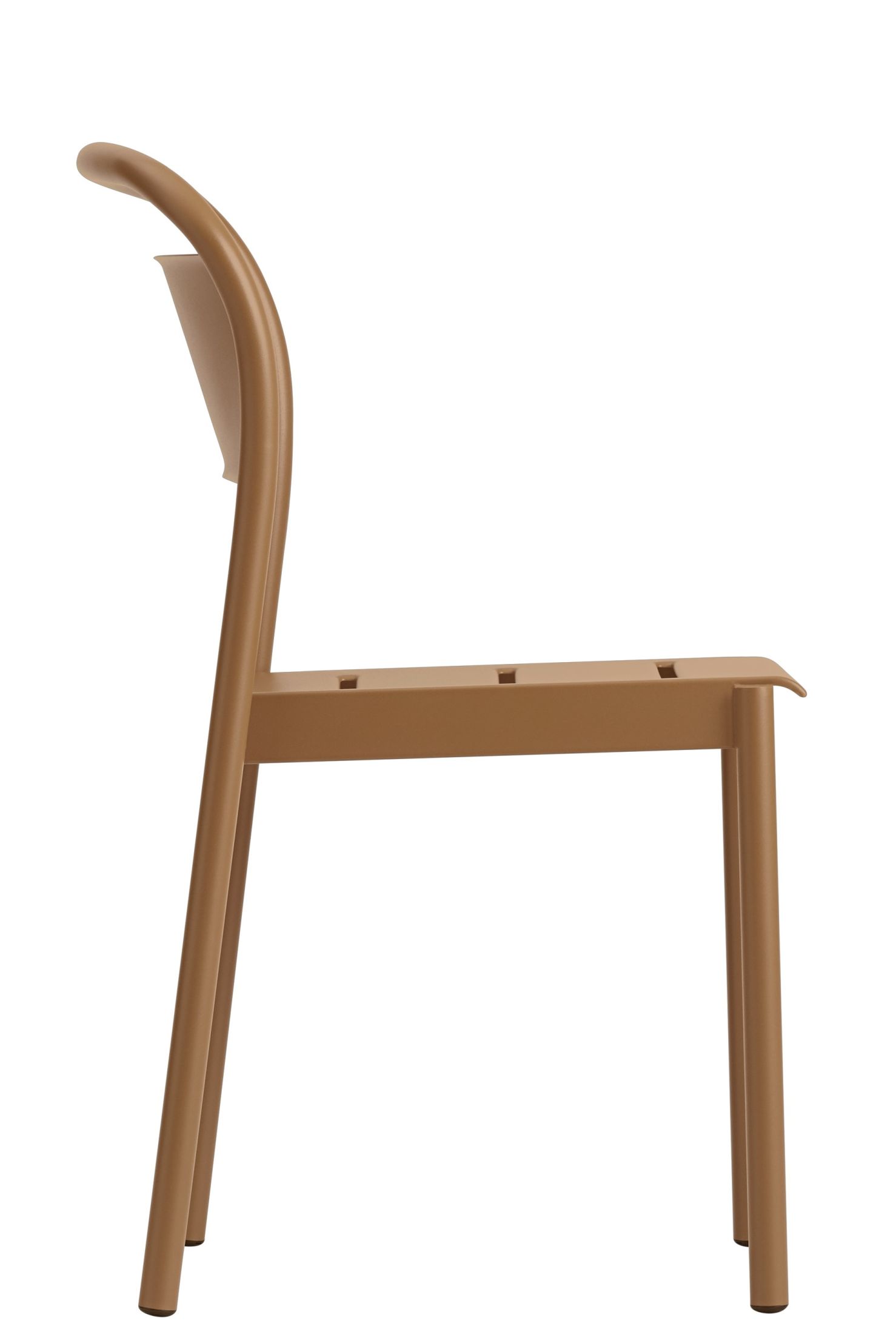 Muuto Linear Steel Side Chair Outdoor Stuhl in Braun, Seitenansicht, minimalistisches Design für Garten und Terrasse.
