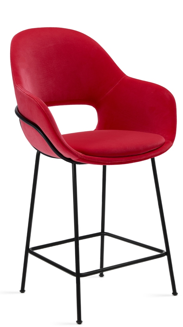Theia Kitchen Armchair Barstool von Freifrau Manufaktur, roter Barhocker mit Armlehne und schwarzem Metallgestell.