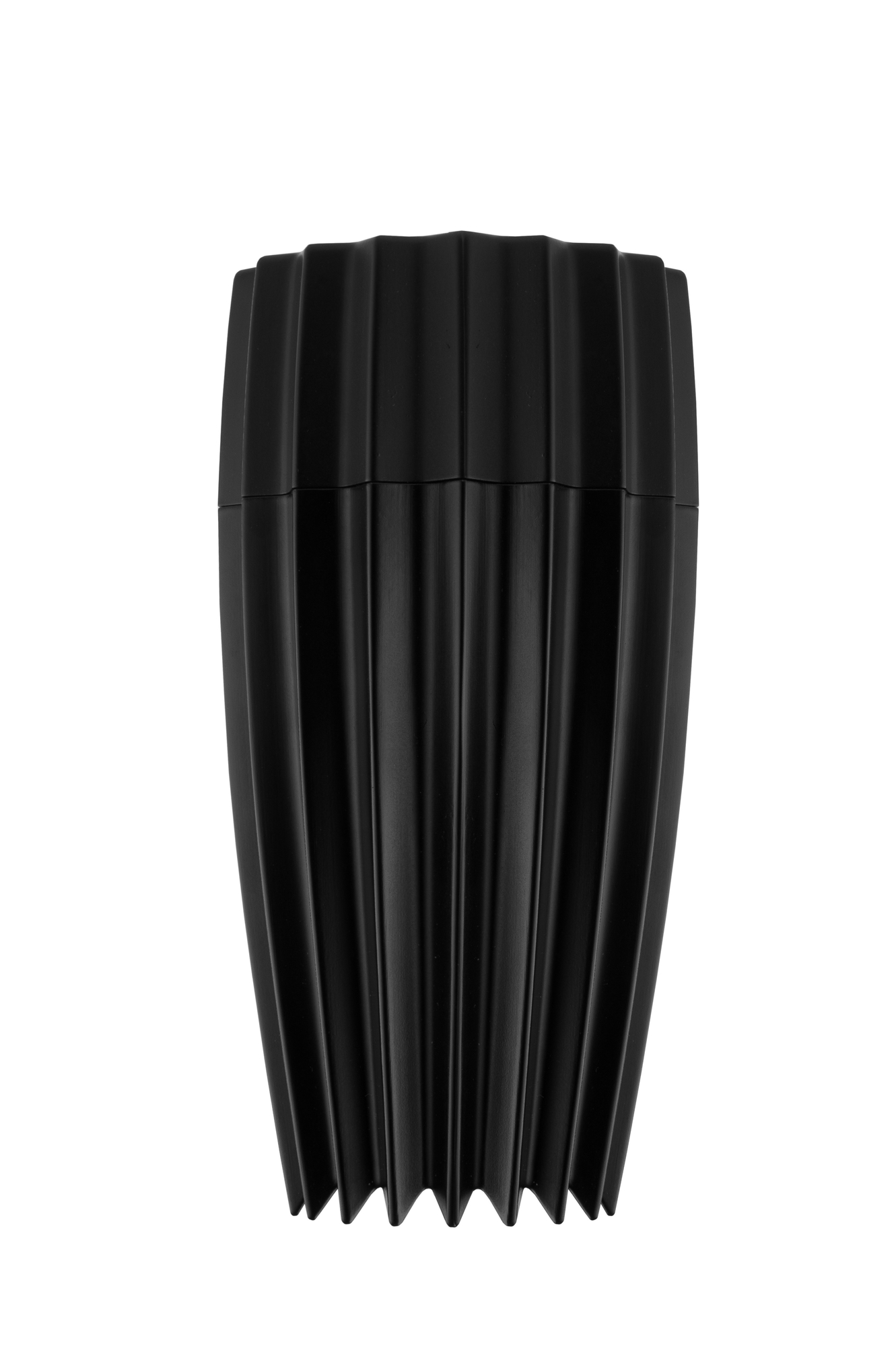 Schwarze Grind Salz- und Pfeffermühle von Alessi, moderne Gewürzmühle mit geriffelter Oberfläche für Küche und Tisch.