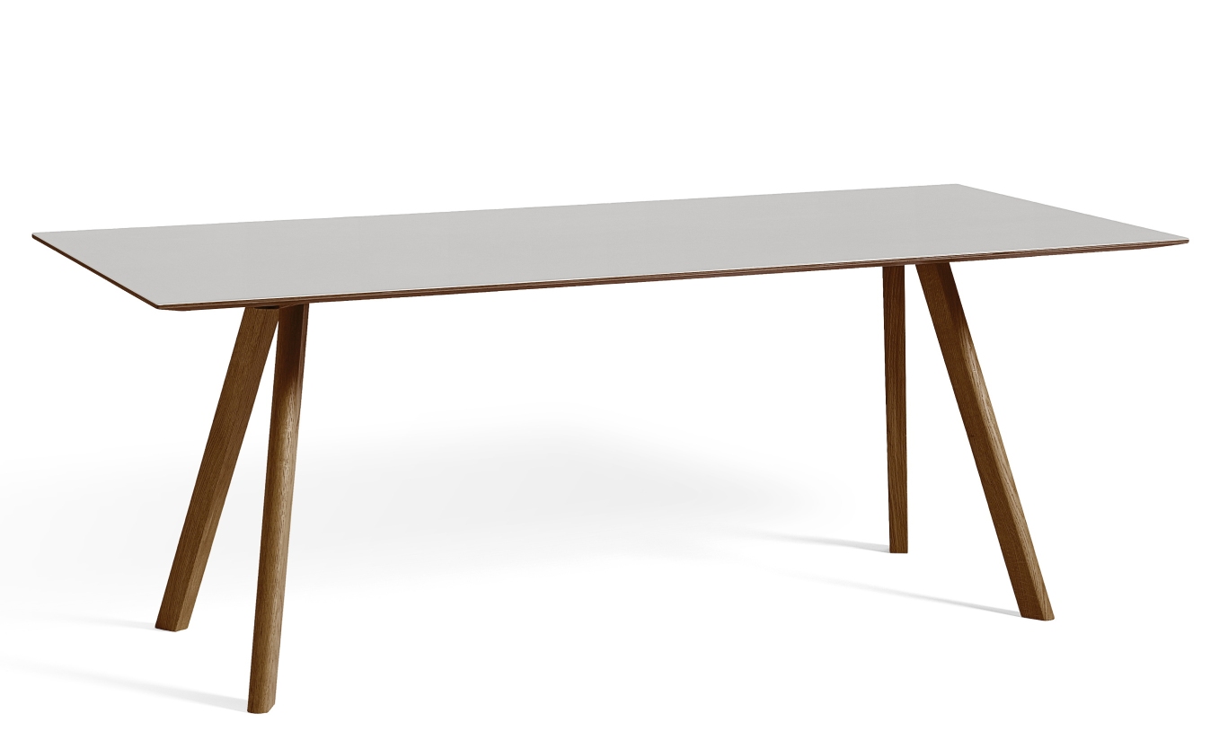 Heller Copenhague Table CPH 30 Tisch von Hay mit grau melierter Tischplatte und Holzbeinen.