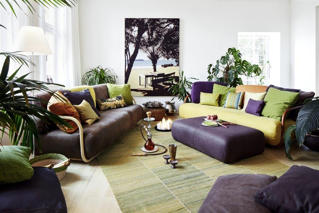 Wohnzimmer mit braunem und gelbem 2002 Bugholz-Sofa von Thonet, dekoriert mit bunten Kissen und Pflanzen.