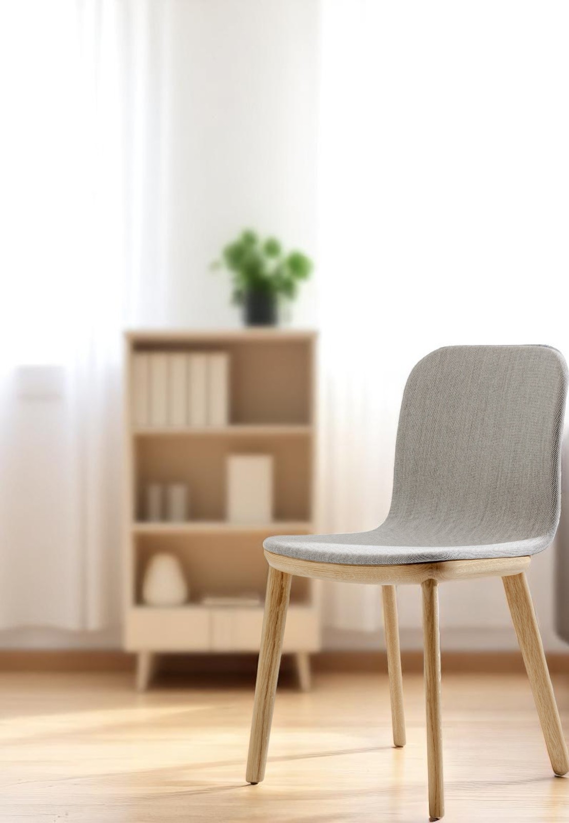 Aeon Chair Stuhl Vollgepolstert Zeitraum, moderner Esszimmerstuhl mit grauem Stoffbezug und hellem Holzgestell.