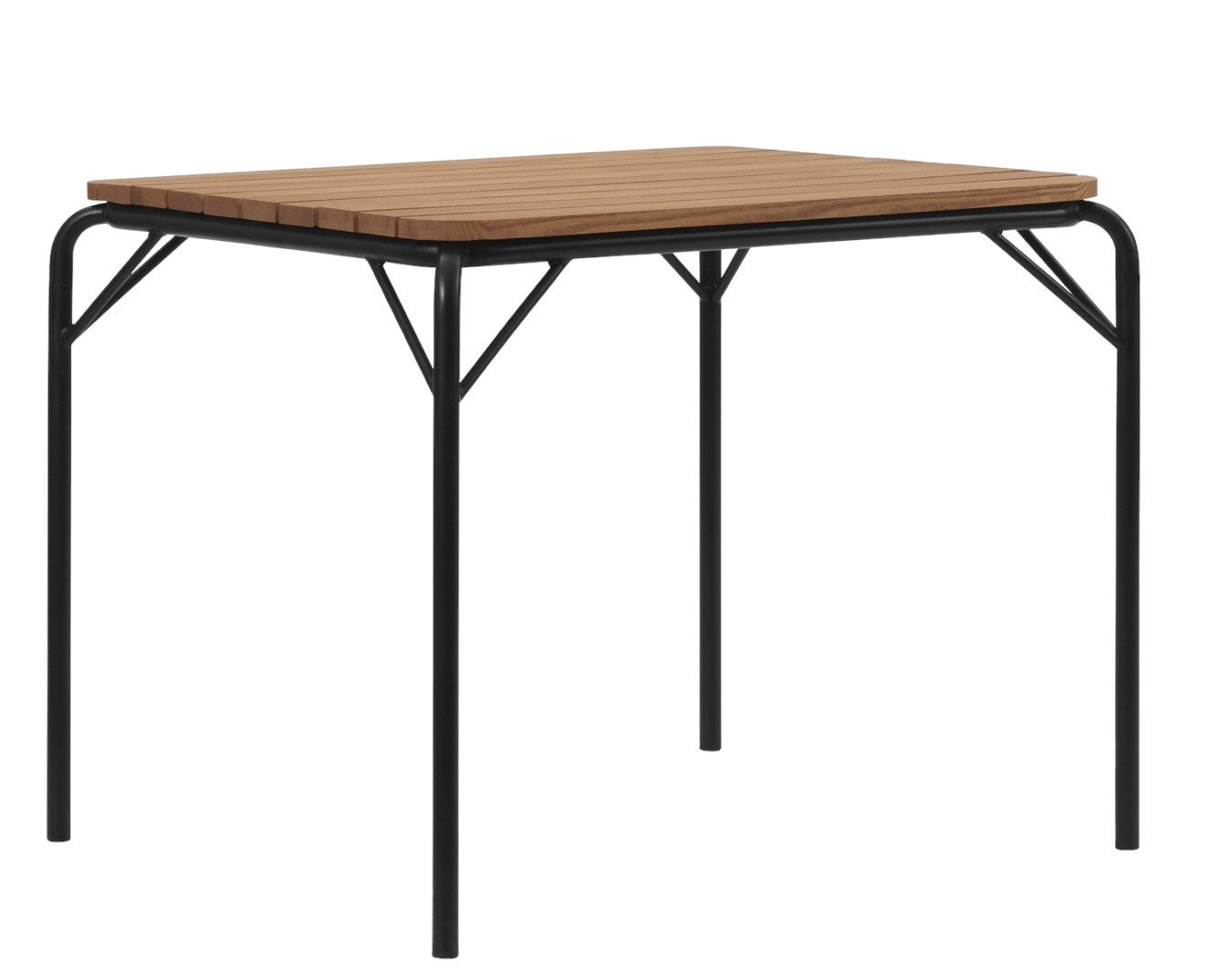 Vig Table 90x90 cm von Normann Copenhagen: Quadratischer Outdoor Tisch mit Holzplatte und schwarzem Metallgestell.
