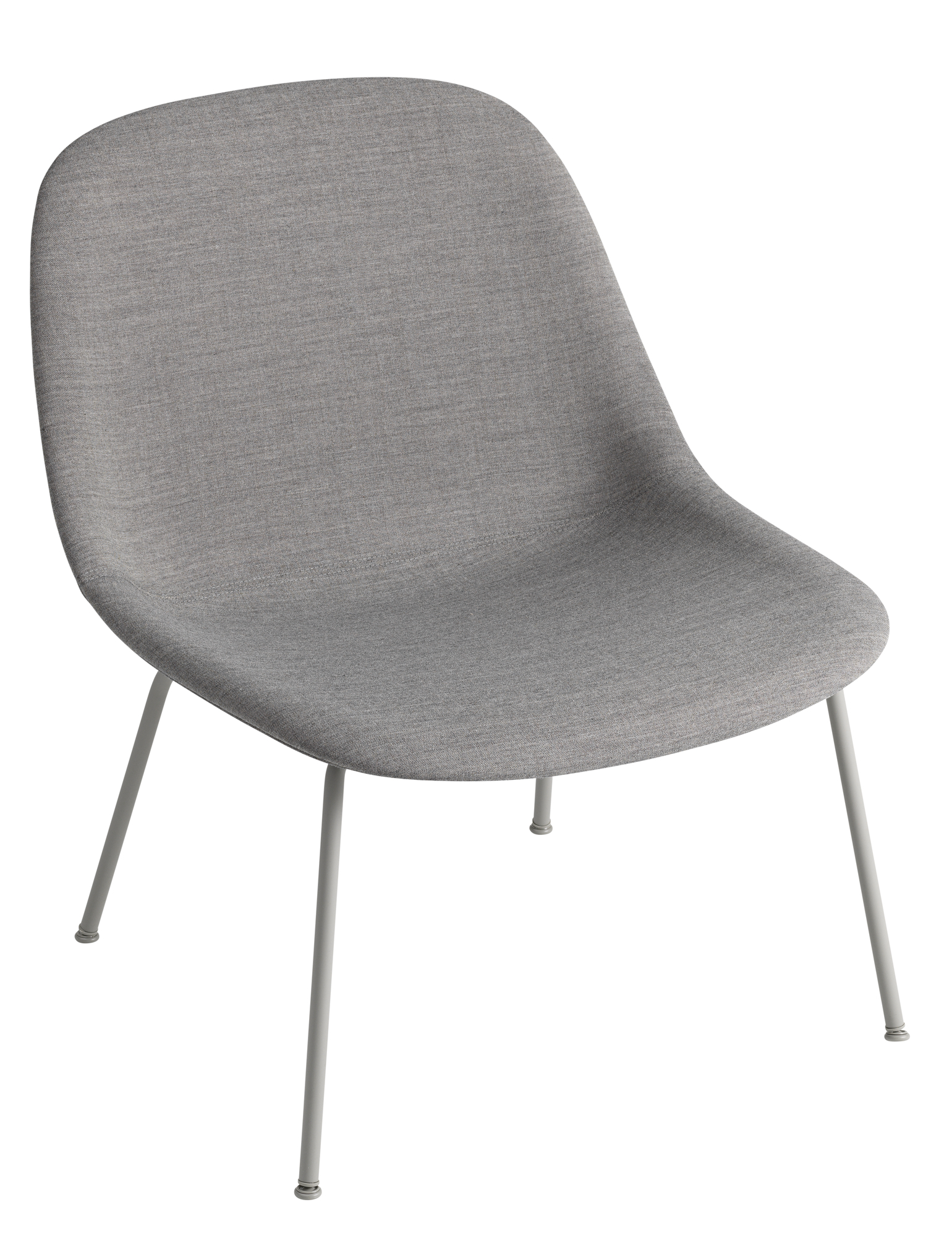 Grauer Fiber Lounge Chair von Muuto mit Stoffbezug und filigranem Stahlrohrgestell.