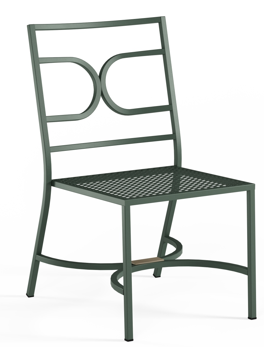 Collier Stuhl Chari Outdoor Emu, grüner Metallstuhl mit filigranem Design für Garten und Terrasse.