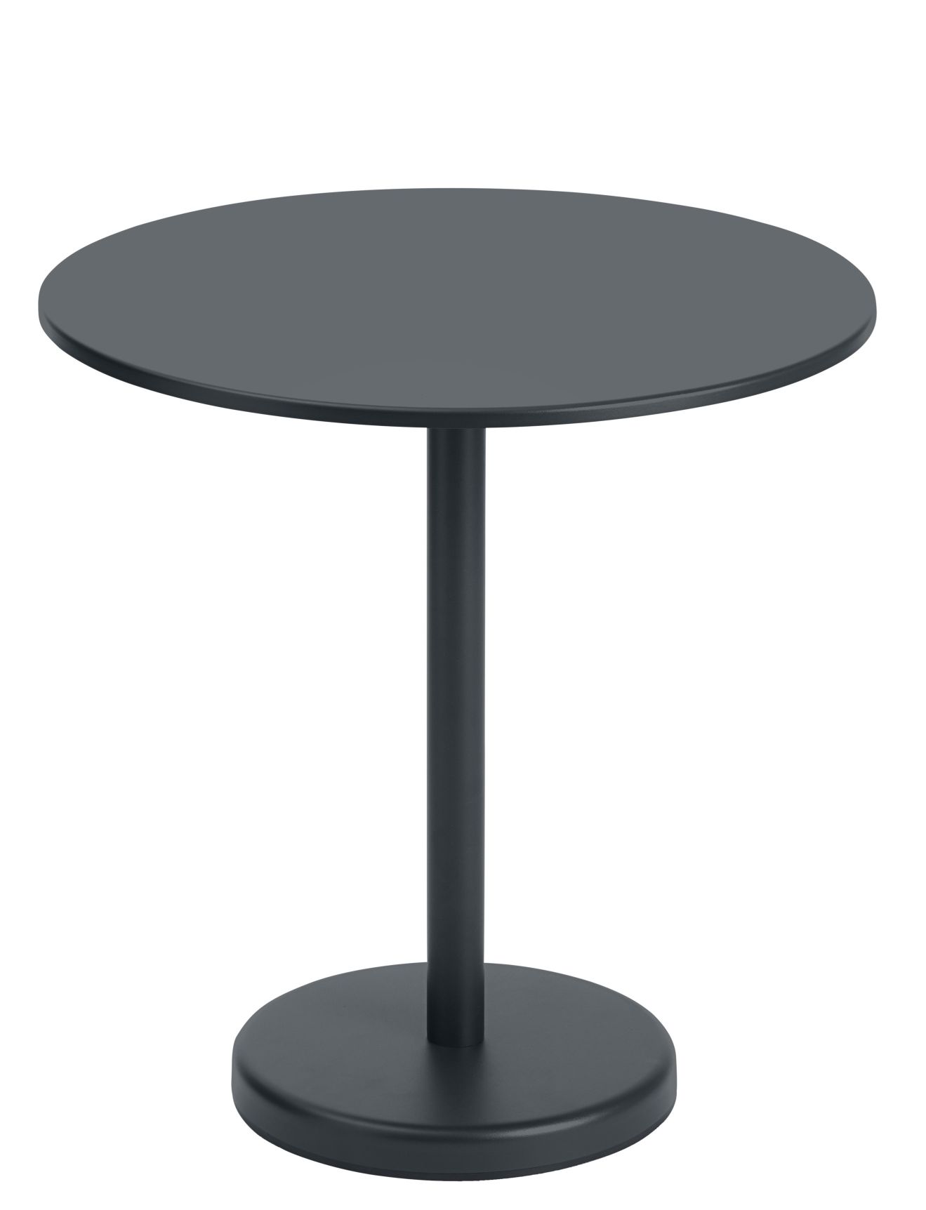 Runder, dunkelgrauer Linear Steel Café Table von Muuto, ideal als Outdoor Beistelltisch.