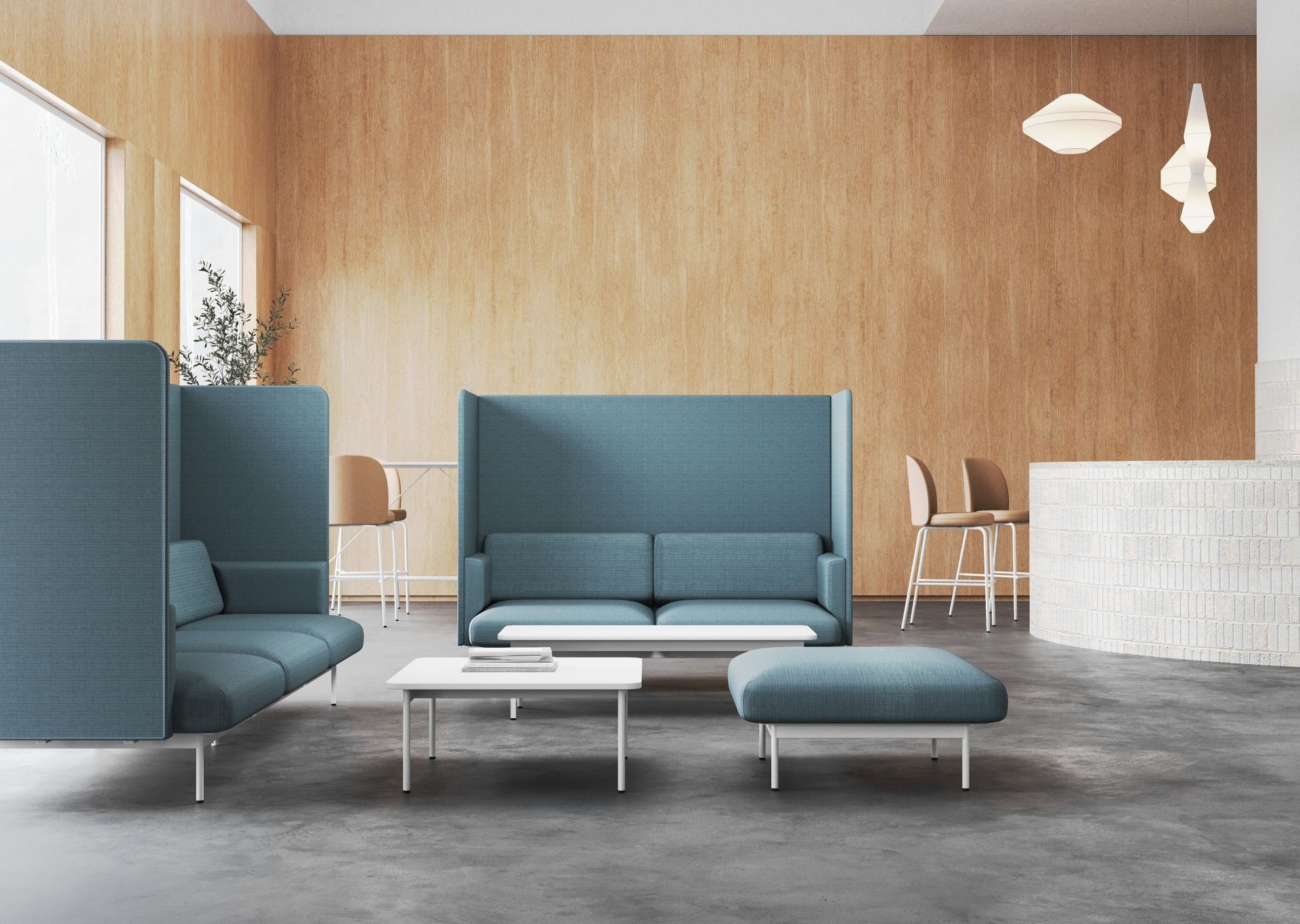 Bejot fora FR 100 Hocker in Türkisblau, passend zu Sofas und Sesseln im modernen Büro.