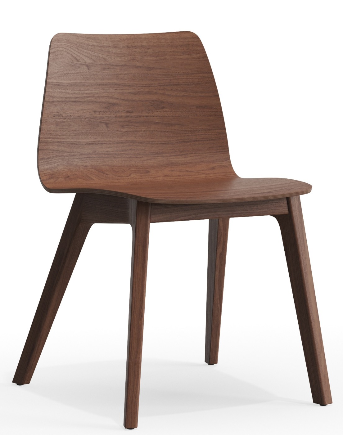 Morph Plus Holzstuhl Zeitraum, brauner Holzstuhl mit geschwungener Rückenlehne und vier Beinen, modernes Möbeldesign.