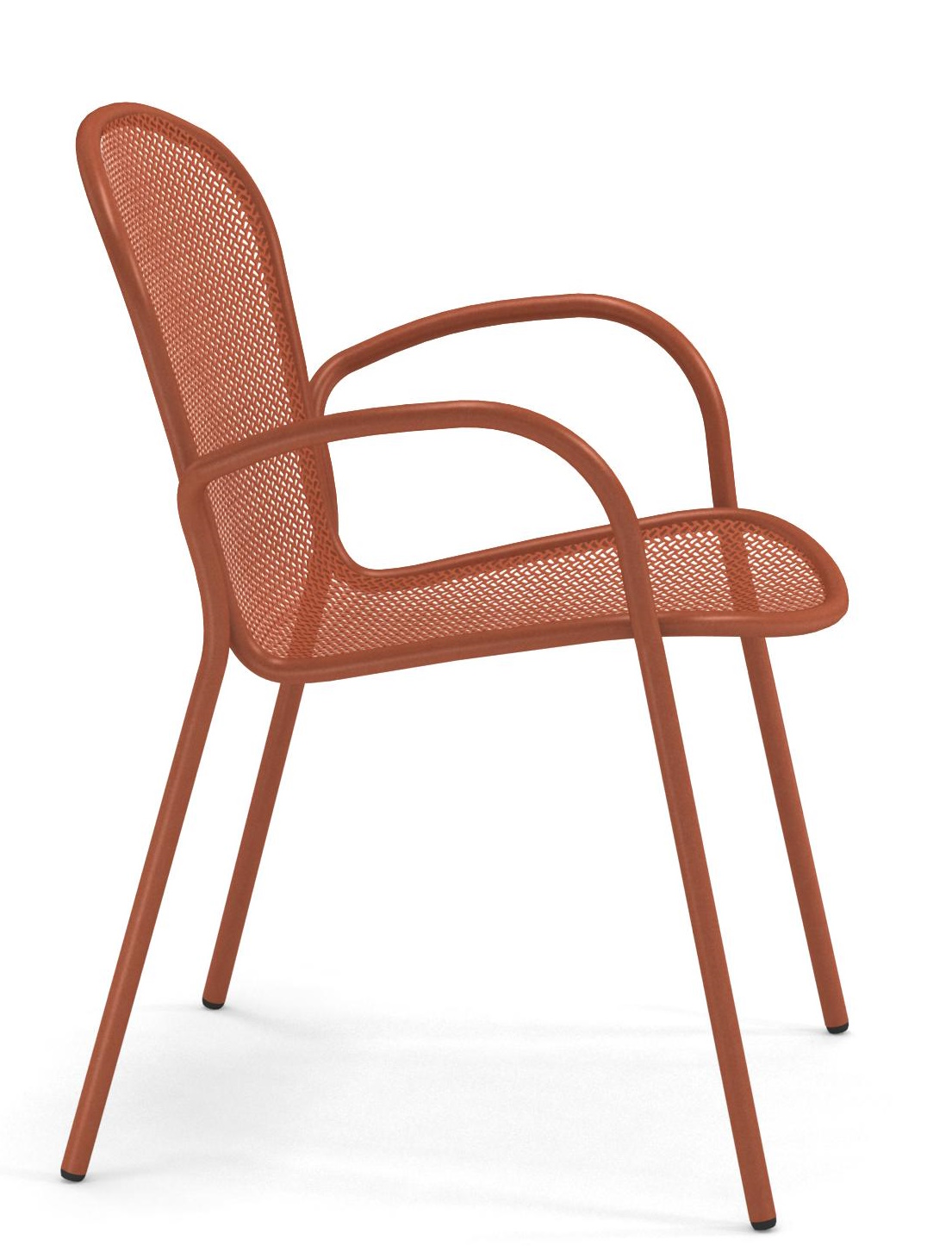 Ronda X Stuhl von Emu für den Außenbereich, orangefarbener Metallstuhl mit Armlehnen, Seitenansicht.