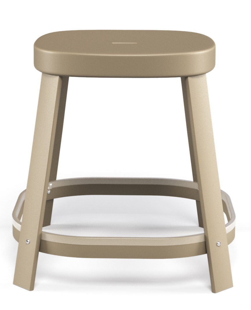 Thor Dining Stool: Niedriger, beiger Barhocker für den Außenbereich von Emu, Frontansicht.