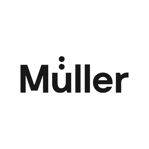 Logo der Molkerei Müller in schwarzer Schrift auf weißem Hintergrund.