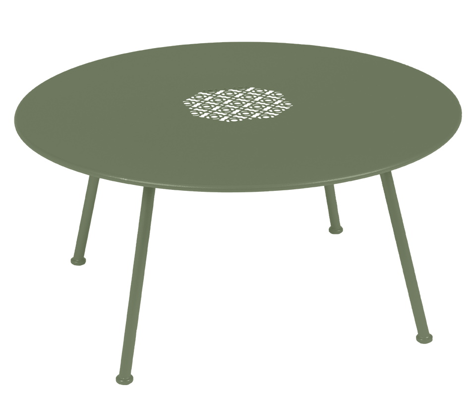 Lorette Beistelltisch von Fermob, runder Outdoor Couchtisch in Grün mit filigranem Lochmuster.