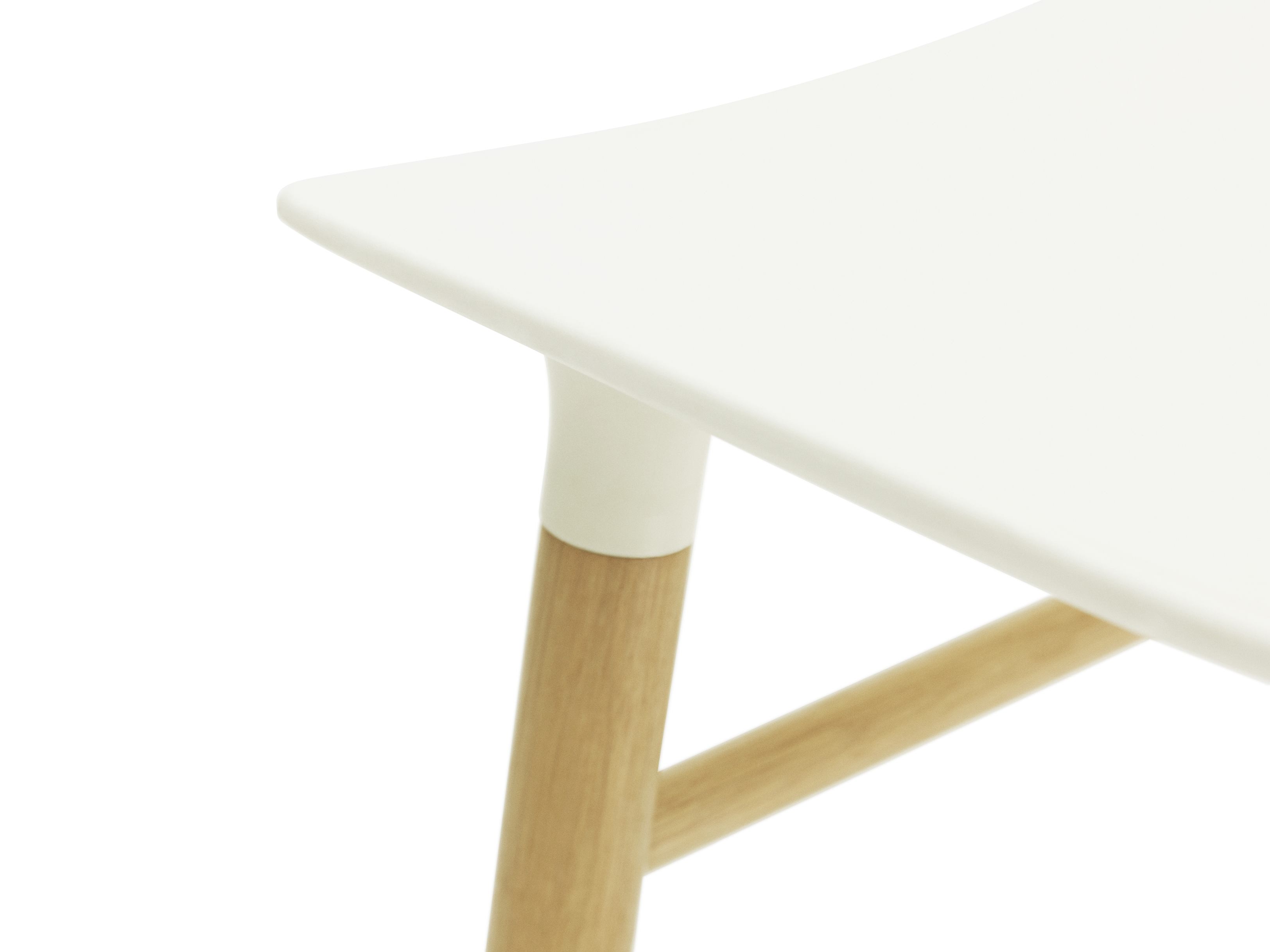 Detailaufnahme des Form Barstool Hockers von Normann Copenhagen mit weißer Sitzfläche und Holzbeinen.