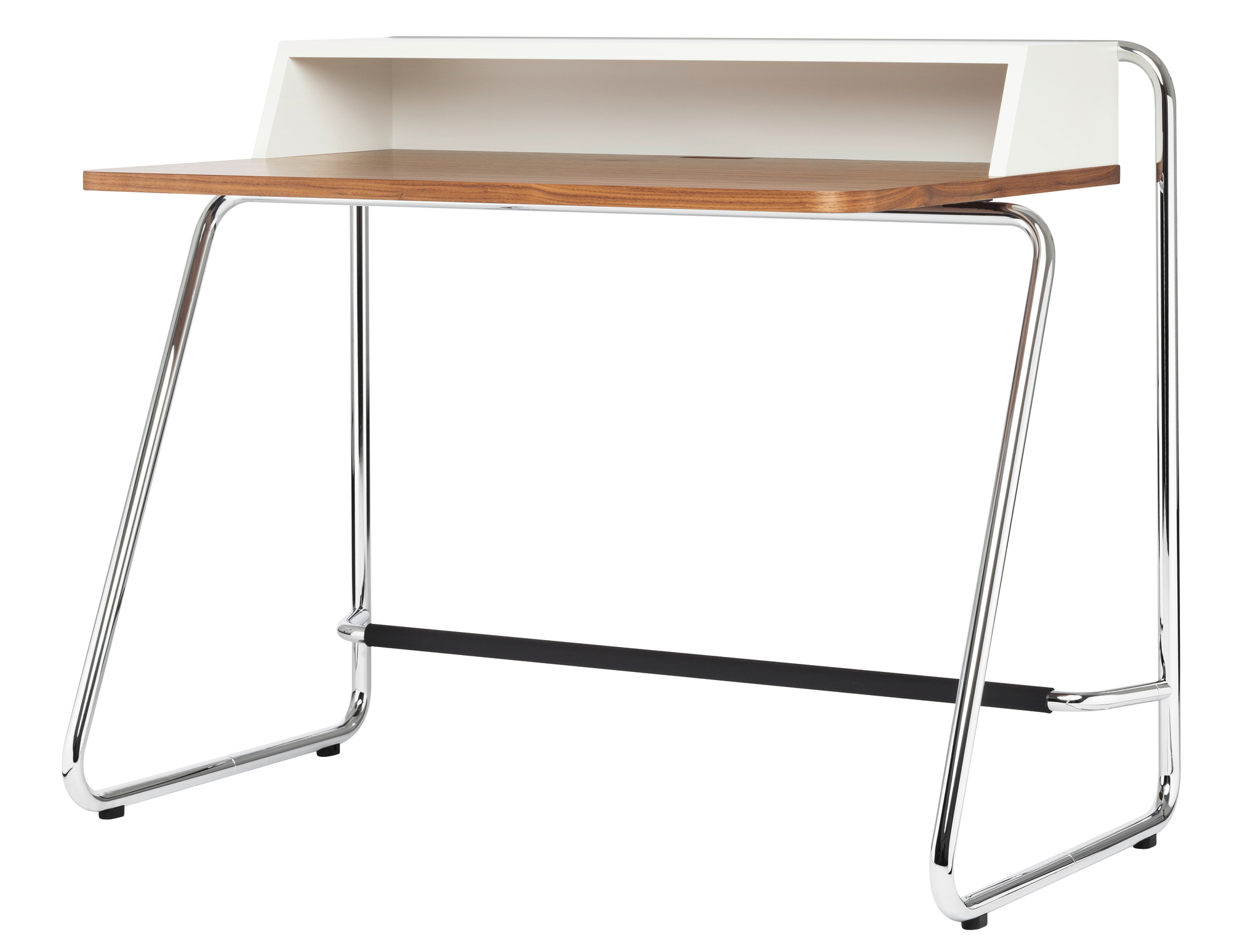 S 1200 Thonet Sekretär mit Holzplatte, weißem Aufsatz und verchromtem Stahlrohrgestell.