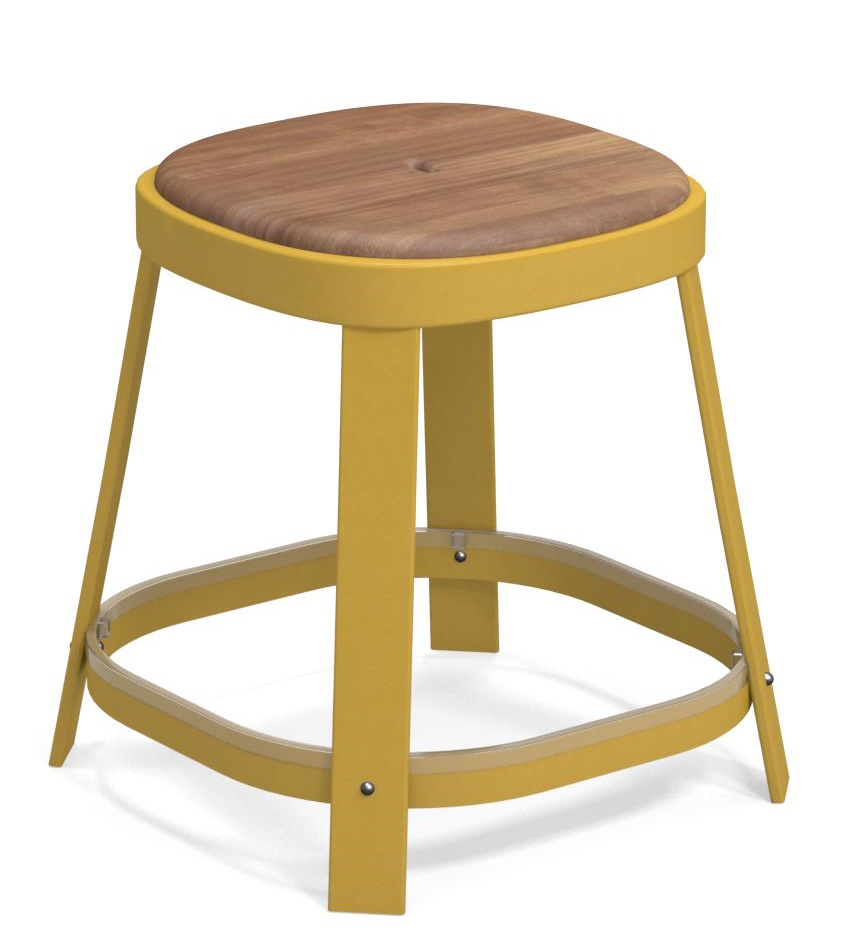 Thor Dining Stool Barhocker von Emu, gelbes Metallgestell mit Sitzfläche aus Holz für den Außenbereich.