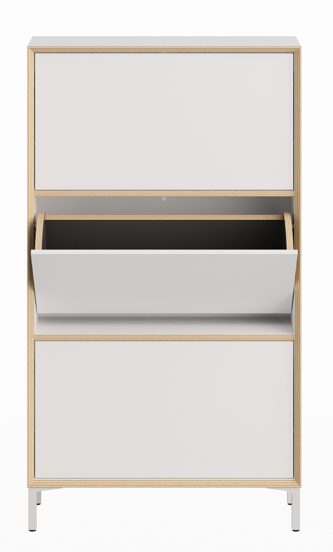 Vertiko Schuhschrank von Müller Möbelwerkstätten in Weiß mit Kippfächern und hellem Holzrahmen.