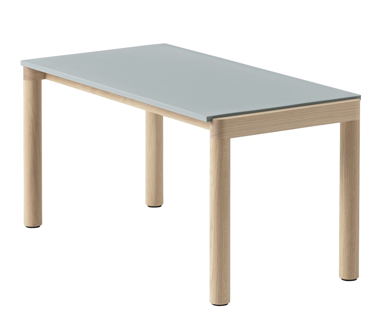 Muuto Couple Couchtisch mit hellgrauer Tischplatte und hellem Holzgestell, modernes Design für Wohnzimmer.