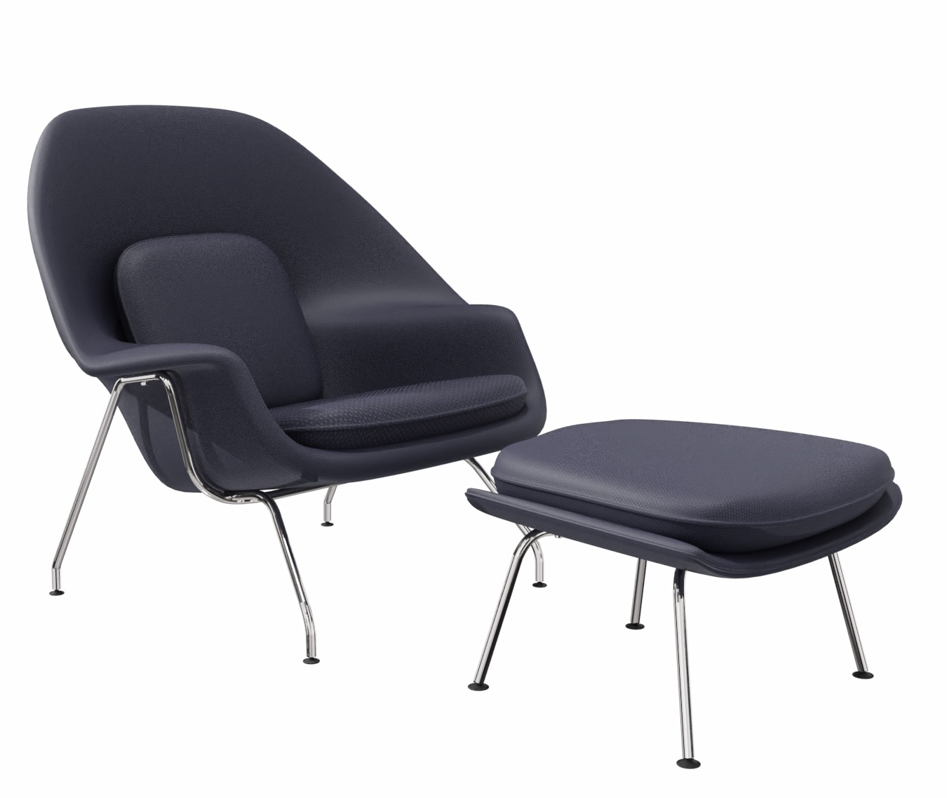 Womb Sessel mit Hocker von Knoll International, blauer Lounge Sessel mit Chromgestell.