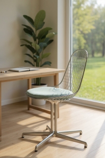 Vitra DKL-5 Wire Chair Stuhl mit hellblauem Sitzkissen vor Fenster und Schreibtisch im hellen Raum.