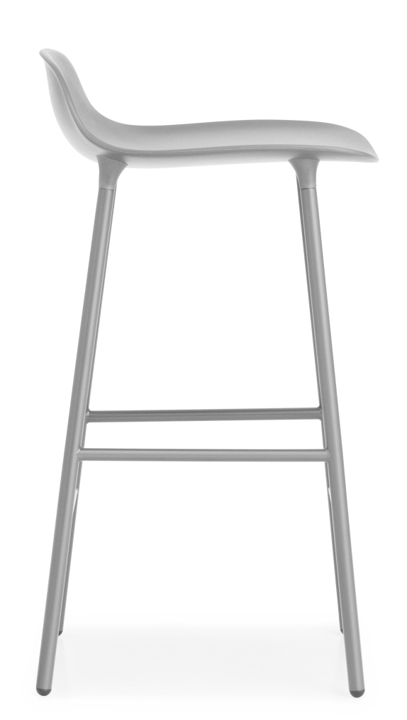 Silberner Form Barstool Hocker von Normann Copenhagen aus Stahl, seitliche Ansicht, minimalistisches Design.