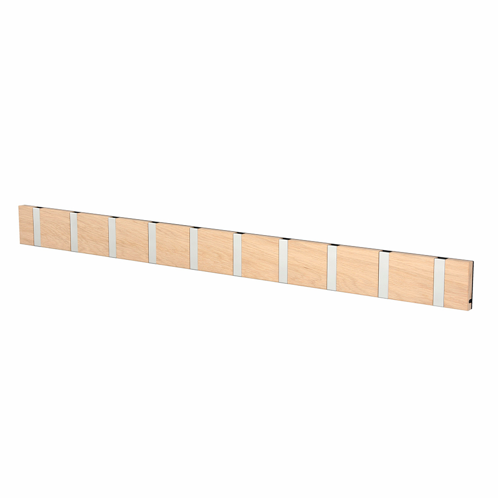 Knax Wandgarderobe mit 10 Haken aus Eiche gekalkt, waagerechte Ausrichtung, moderne Garderobenlösung.