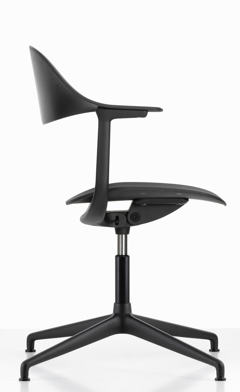 Schwarzer Mynt Bürodrehstuhl von Vitra, ergonomischer Schreibtischstuhl mit Kunststoff-Sitz und Rückenlehne, Seitenansicht.