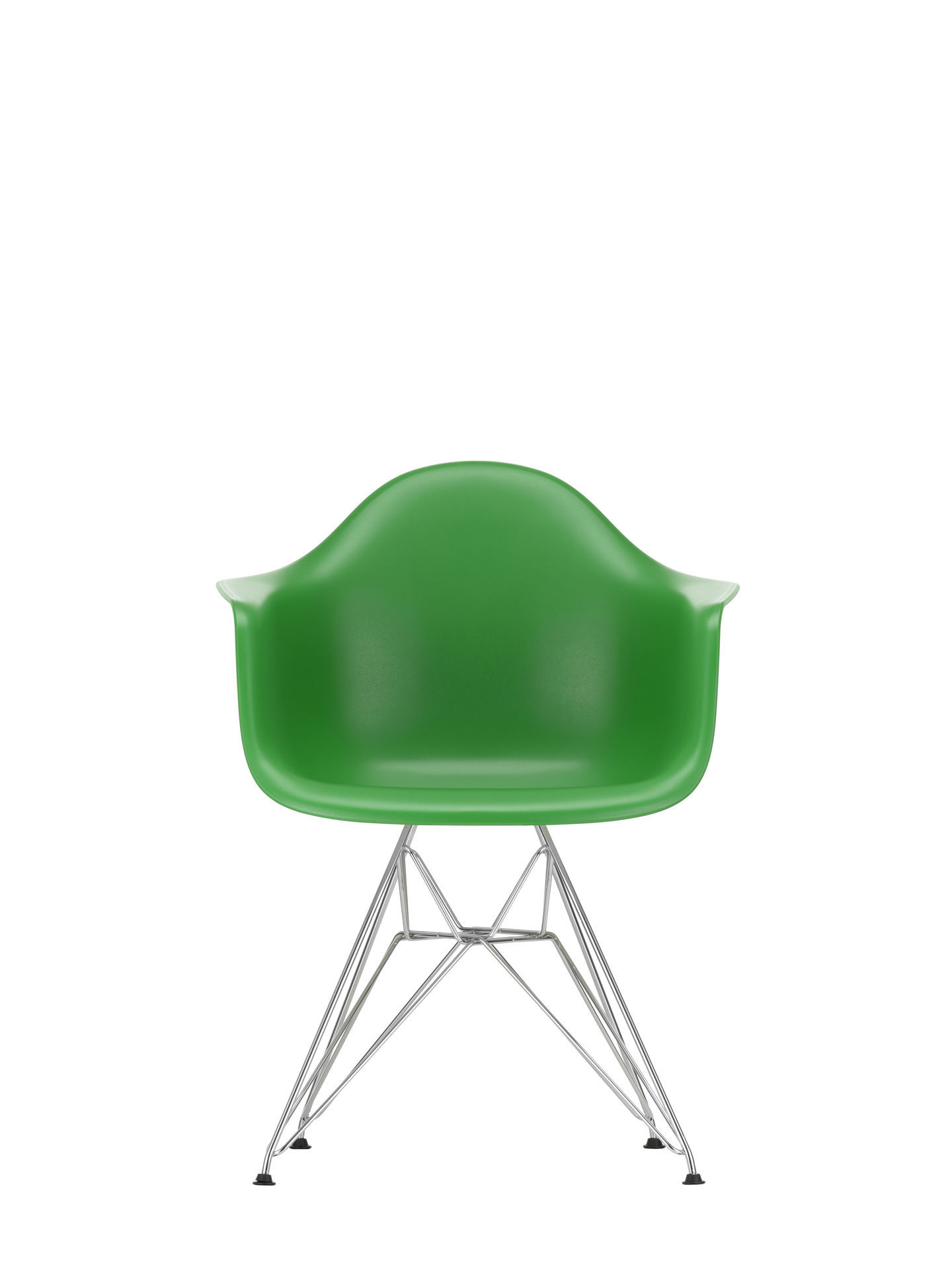 Grüner Eames Plastic Arm Chair mit verchromtem Eiffelgestell von Vitra. Designklassiker für Wohnen und Büro.