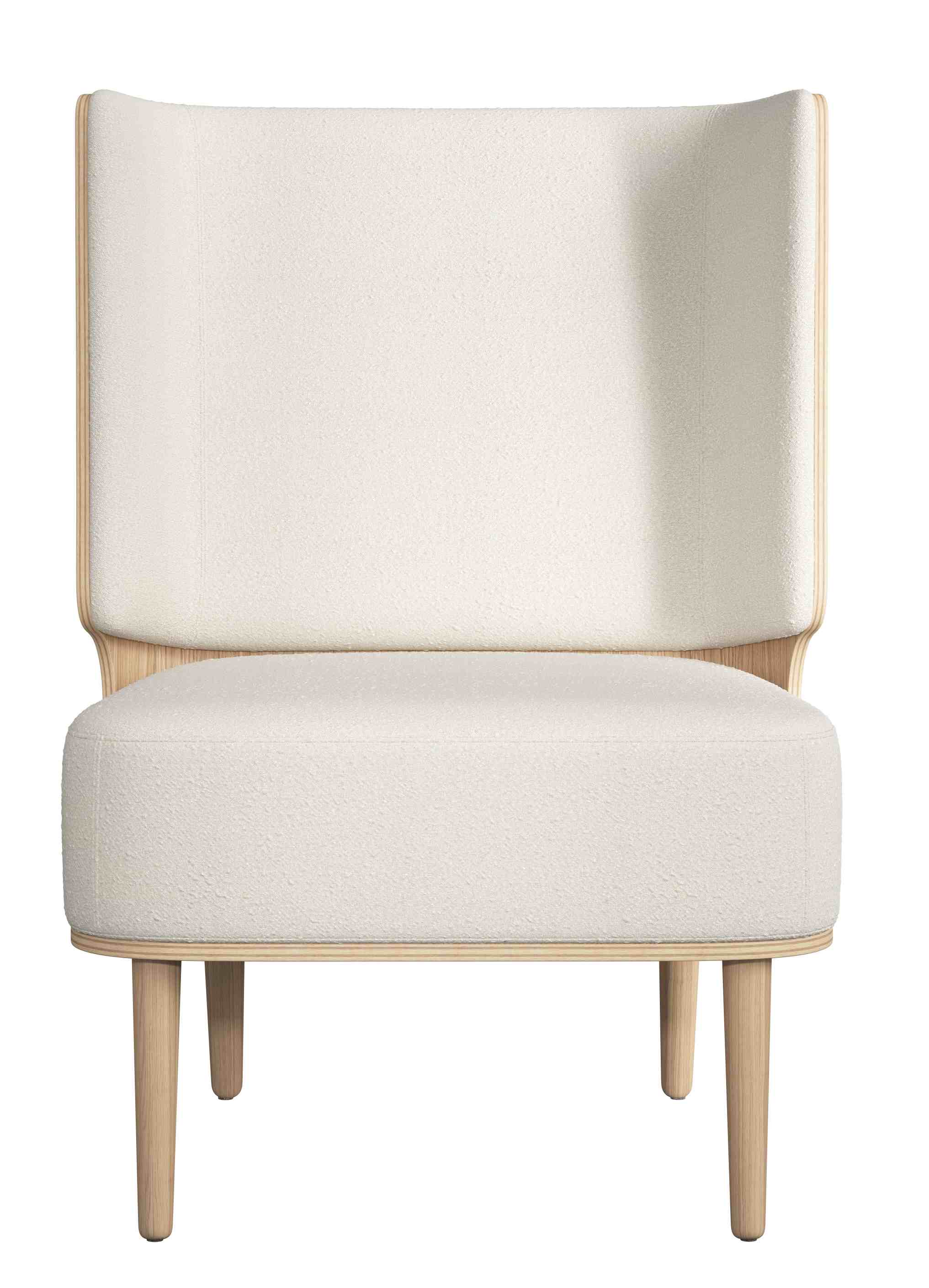 Serena Lounge Chair Sessel in Eiche natur mit weißem Nubbio Stoffbezug, Frontansicht.
