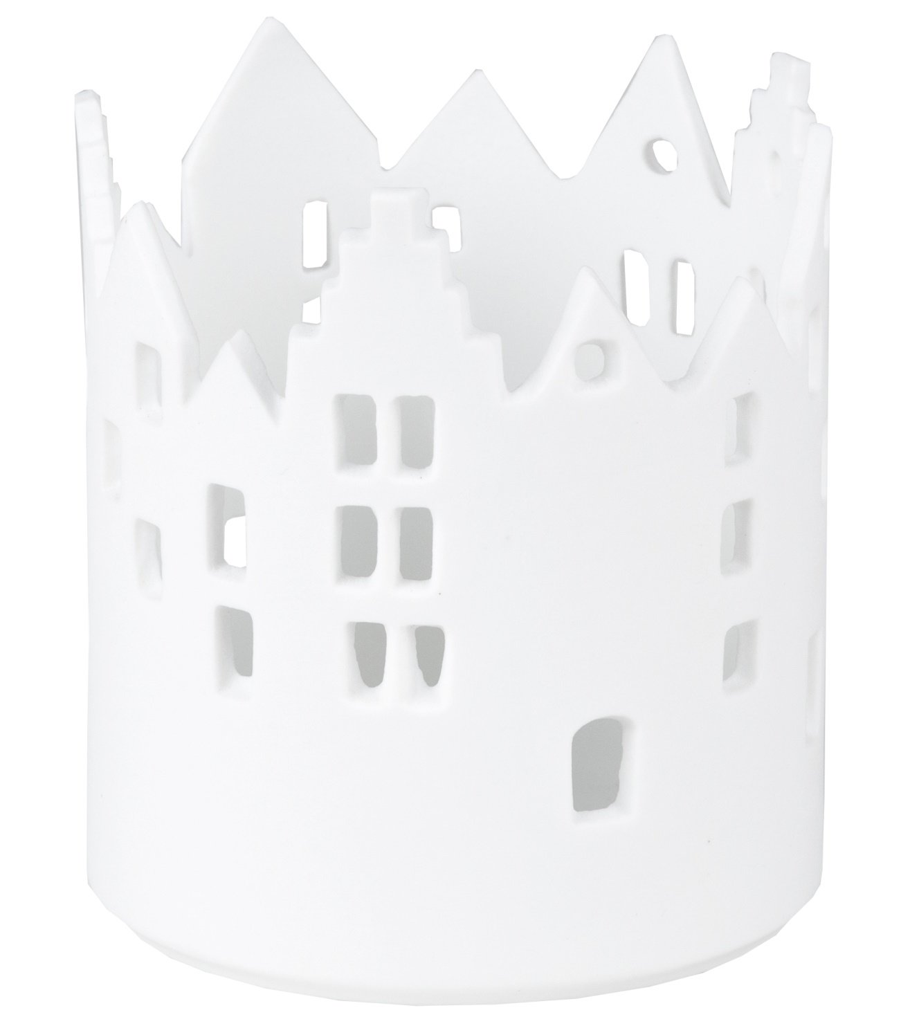 Weißes Räder Lichthaus aus Porzellan mit ausgestanzten Hausmotiven für stimmungsvolle Beleuchtung.