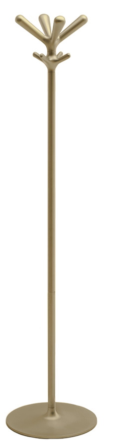Goldener Pop Kleiderständer von Rexite, moderner Garderobenständer mit runder Basis und mehreren Haken für Jacken.