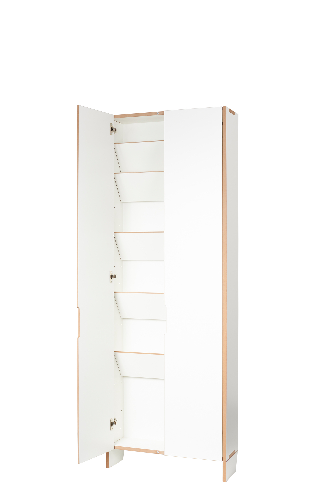 Offener, weißer Tojo Schuhschrank mit mehreren Schuhfächern und hellem Holzrahmen. Moderner Schuhschrank für Flur.