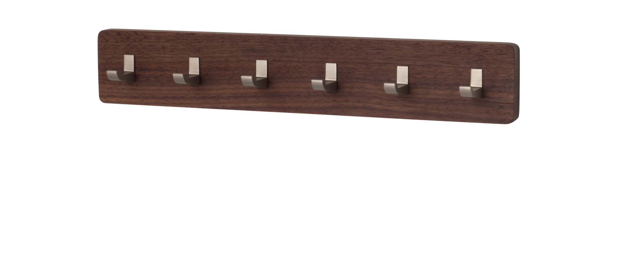 Schönbuch Key Bar Schlüsselhakenleiste aus dunklem Holz mit sechs silbernen Haken zur Wandmontage.