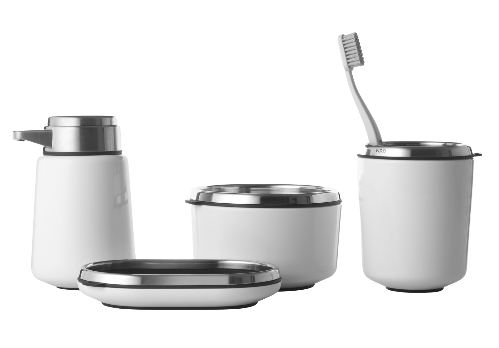 Weißes Badezimmer-Set von Vipp: Seifenspender, Seifenschale, Becher und Zahnputzbecher aus Stahl und Gummi.