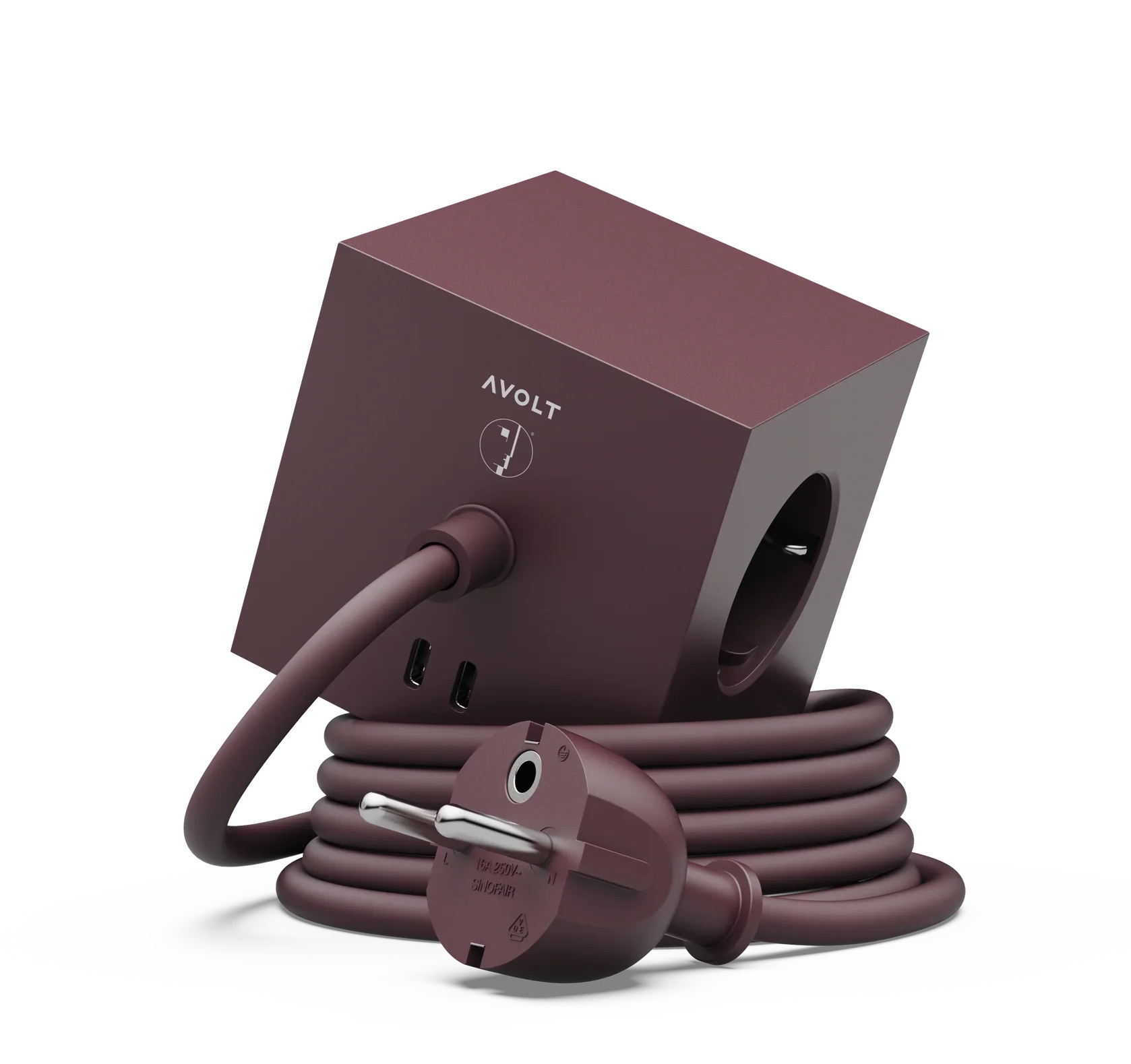 Square 1 - Avolt x Bauhaus stopcontactblok met USB-C, exclusieve editie Mulberry Red, dfp Design