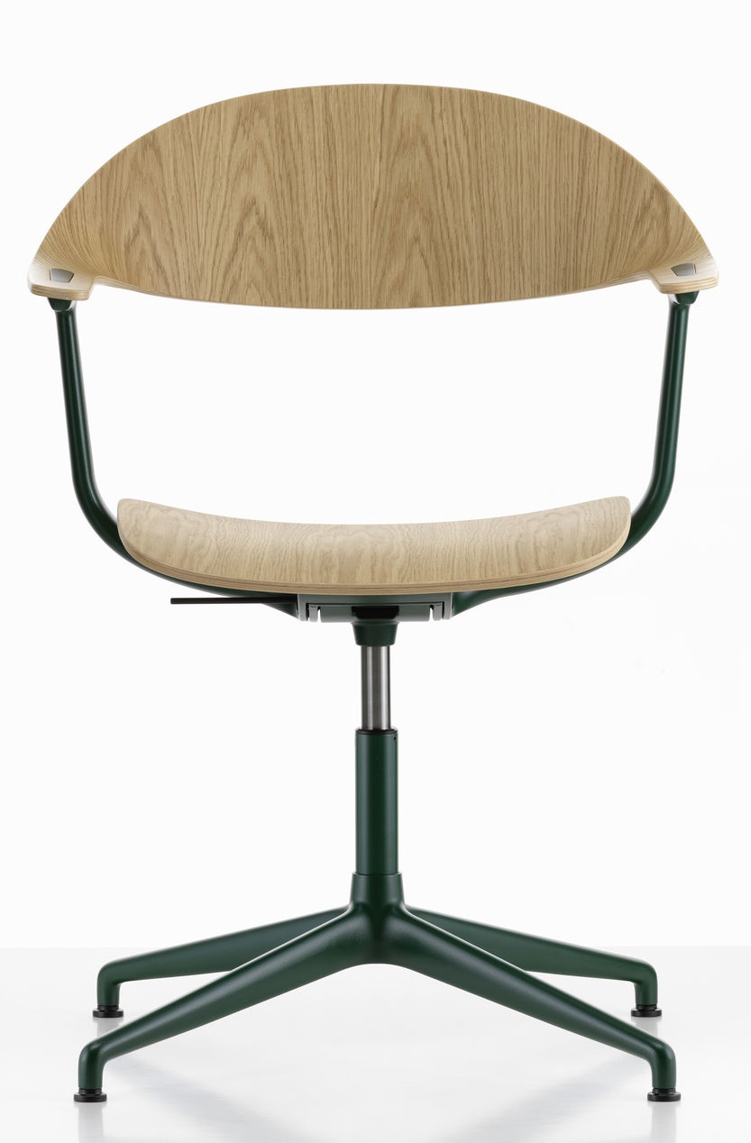 Mynt Bürodrehstuhl von Vitra mit hellem Holz-Sitz und Rückenlehne sowie grünem Metallgestell.