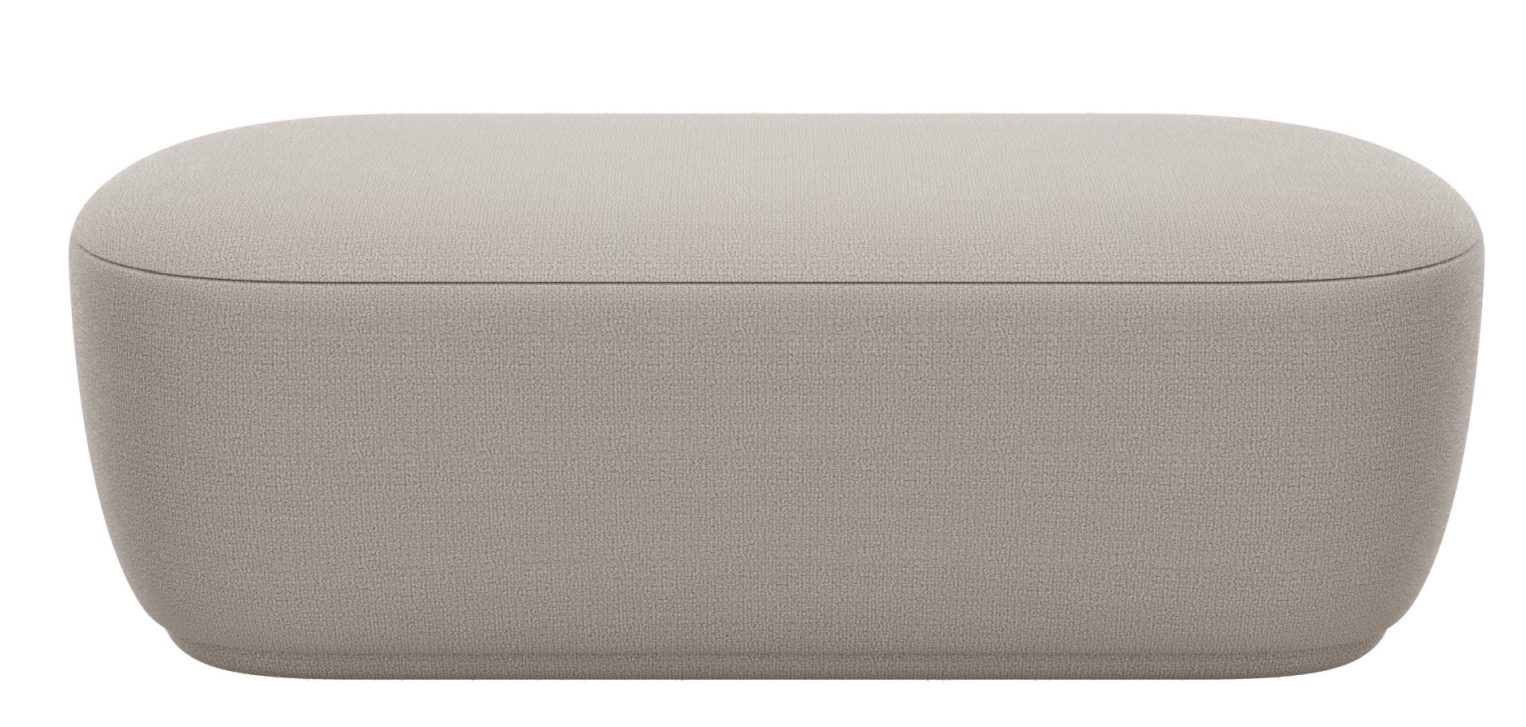 Kuon Bank von Blomus, eine moderne, gepolsterte Sitzbank in neutralem Grau für Wohnzimmer und Wartebereiche.