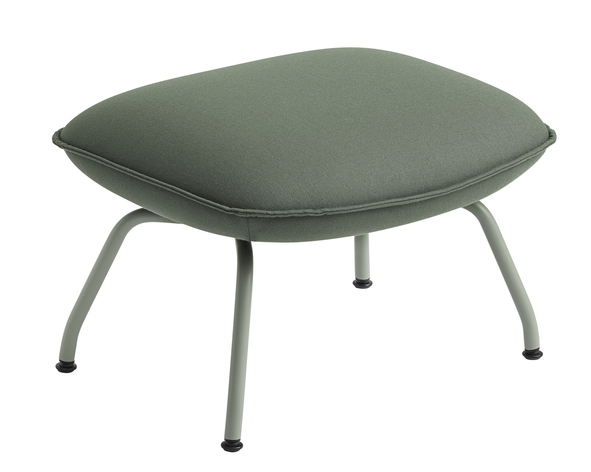 Doze Ottoman von Muuto, ein moderner Hocker mit olivgrünem Stoffbezug und filigranem Metallgestell.