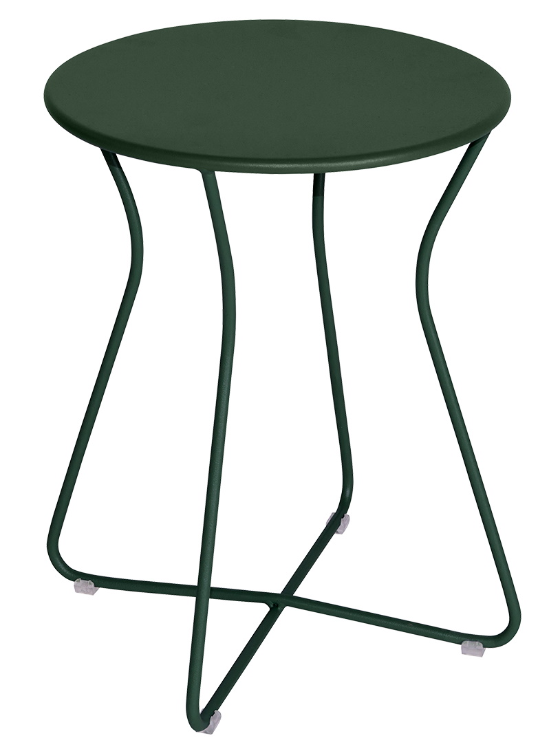 Cocotte Hocker von Fermob für den Außenbereich, dunkelgrüner Metallhocker mit runder Sitzfläche.