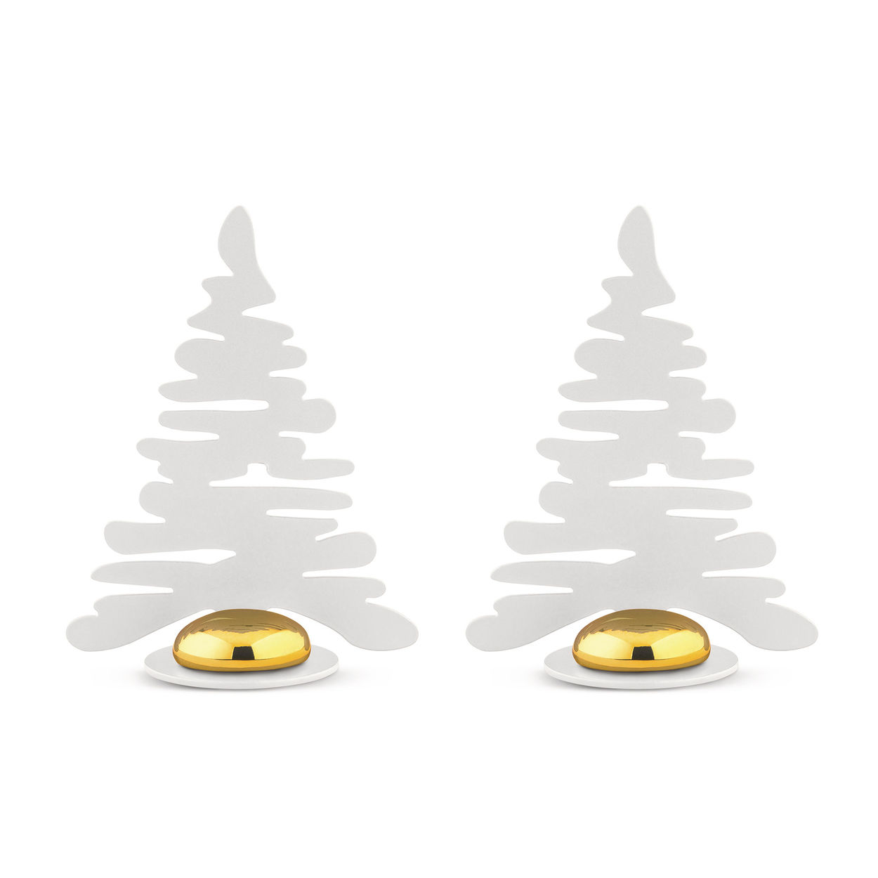 Zwei weiße Barkplace Tree Tischkartenhalter für Weihnachten mit goldenen Akzenten auf weißem Untergrund.