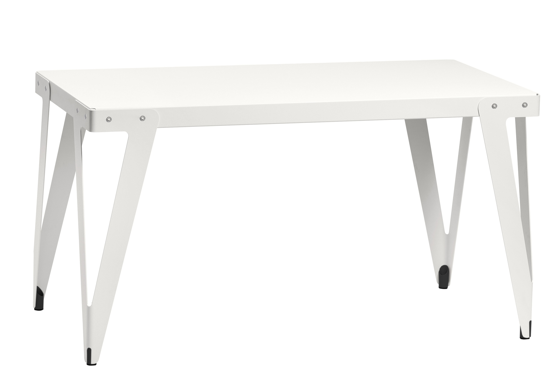 Weißer Lloyd Outdoor Tisch mit minimalistischem Design und markanten, dreieckigen Beinen für den Garten.