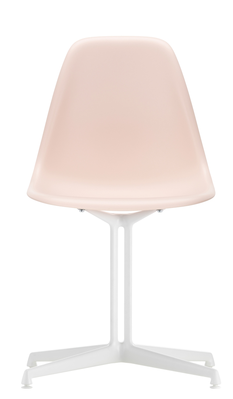 Vitra Eames Side Chair DSL in Rosa mit weißem Untergestell, Frontansicht.