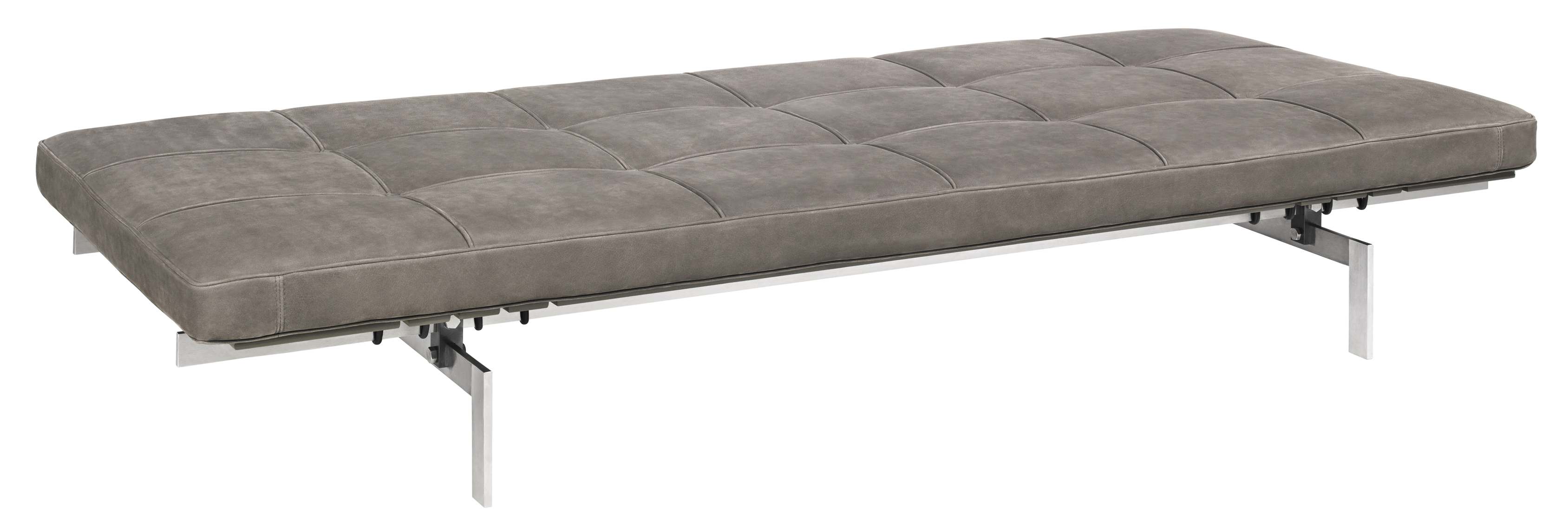 PK 80 Liege von Fritz Hansen mit grauem Lederbezug und Stahlgestell, modernes Möbeldesign.