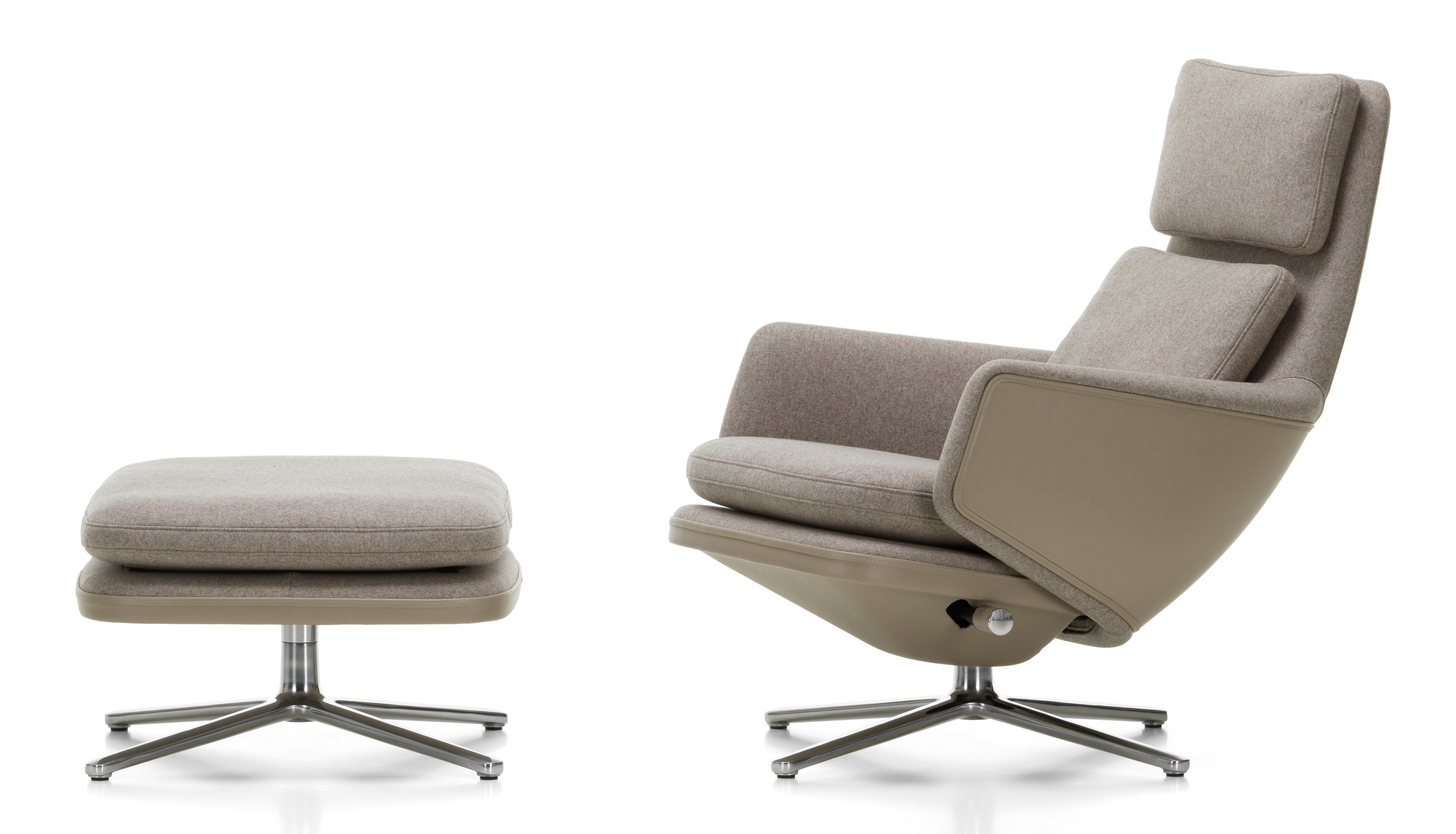 Vitra Grand Relax Sessel mit Ottoman in grauem Stoffbezug und Drehfuß auf weißem Hintergrund.