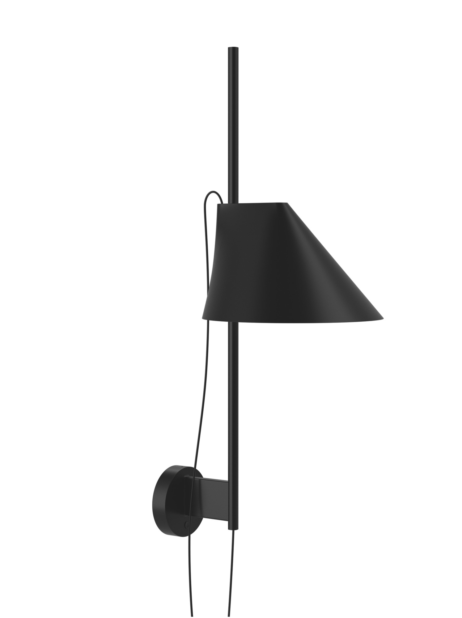 Schwarze Yuh LED Wandleuchte von Louis Poulsen mit kegelförmigem Lampenschirm und minimalistischem Design.