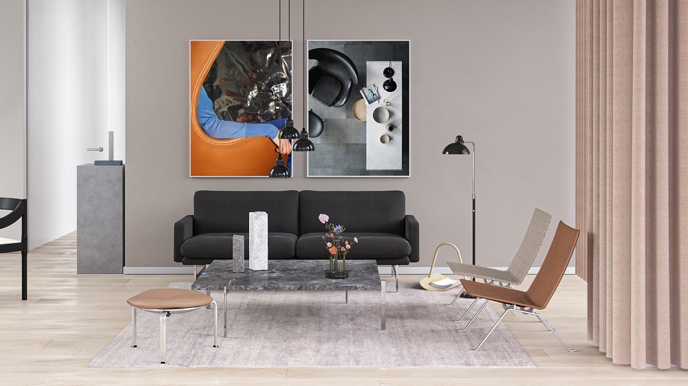 Wohnzimmer Interieur mit Fritz Hansen PK33 Hocker, Sofa, Couchtisch, Stühlen und dekorativen Elementen für modernes Wohnen.