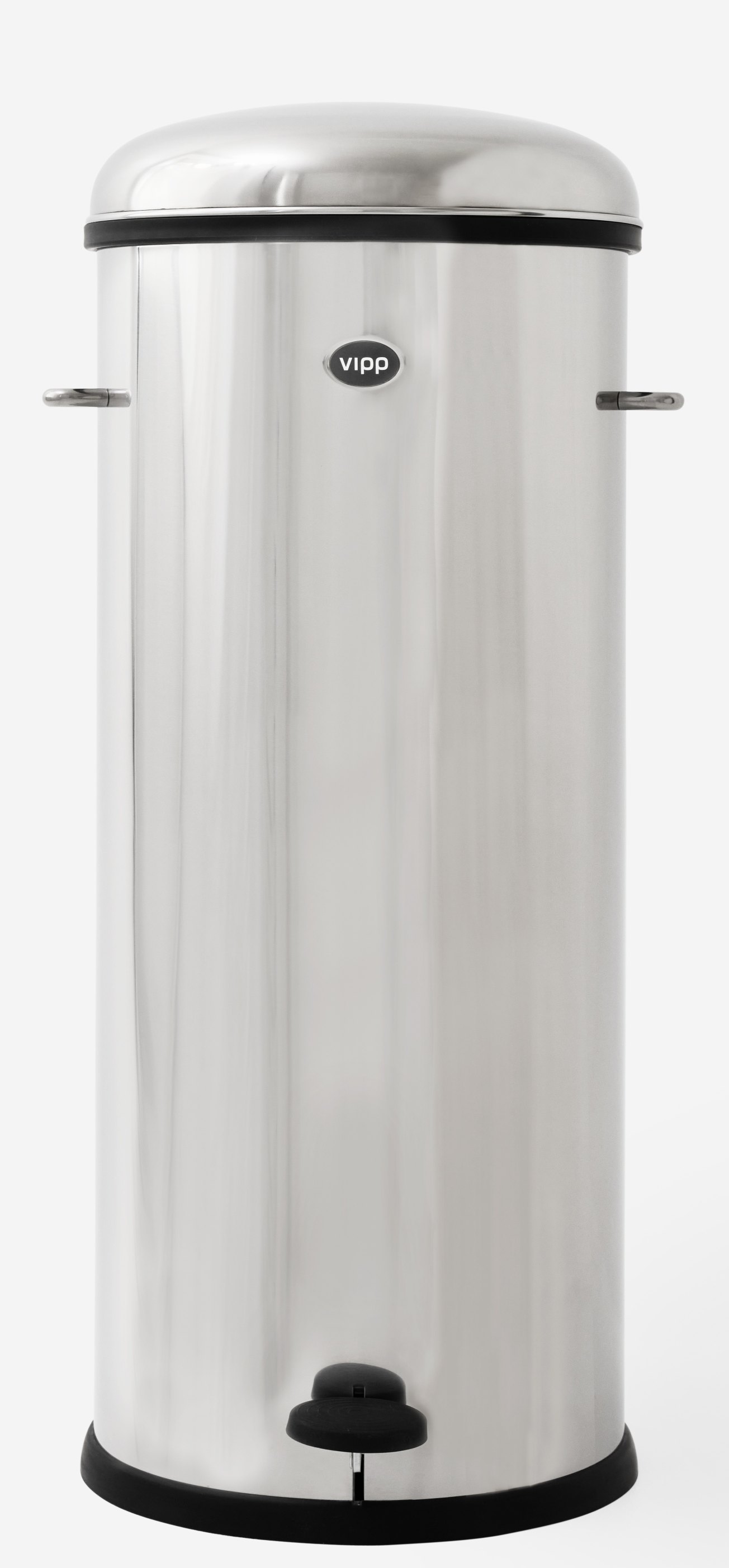 Edelstahl Treteimer von Vipp, 30 Liter, mit Fußpedal und seitlichen Griffen.